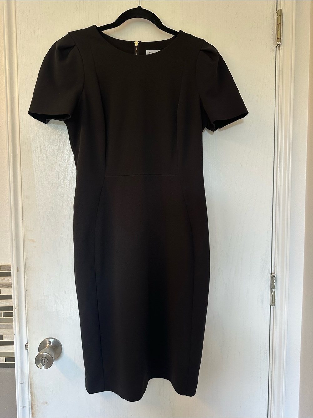 Calvin Klein Black Midi Sheath Dress with Short Puff Sleeves
